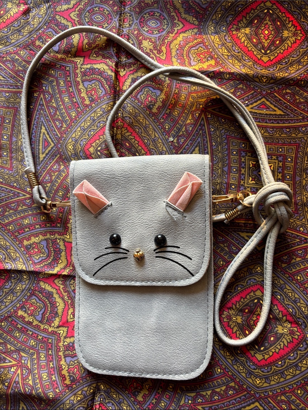 Cute Cat Crossbody Phone Bag in Light Gray with Pink Details